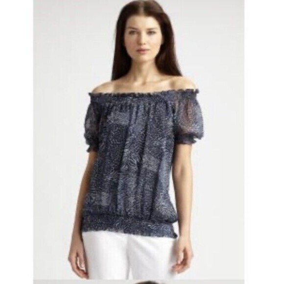 Lafayette 148 Womens 100% Silk Printed Smocked Hem Off The Shoulder Blouse - Picture 1 of 8